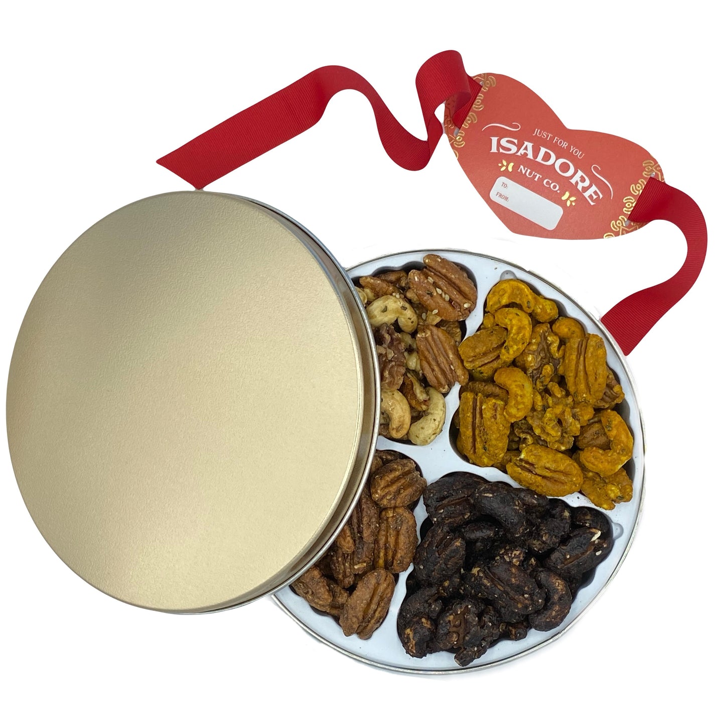 
                  
                    THE LOVING MIXED NUT GIFT TIN- A curated selection of our best-selling nut blends makes the perfect loving gesture in a keepsake gold tin. Personalize our attractive Isadore Nut Co. red heart 'to-from' card elegantly wrapped with a classic red ribbon.
                  
                