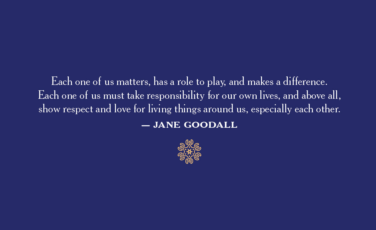 Each one of us matters, has a role to play, and makes a difference. Each one of us must take responsibility for our own lives, and above all, show respect and love for living things around us, especially each other. Jane Goodall