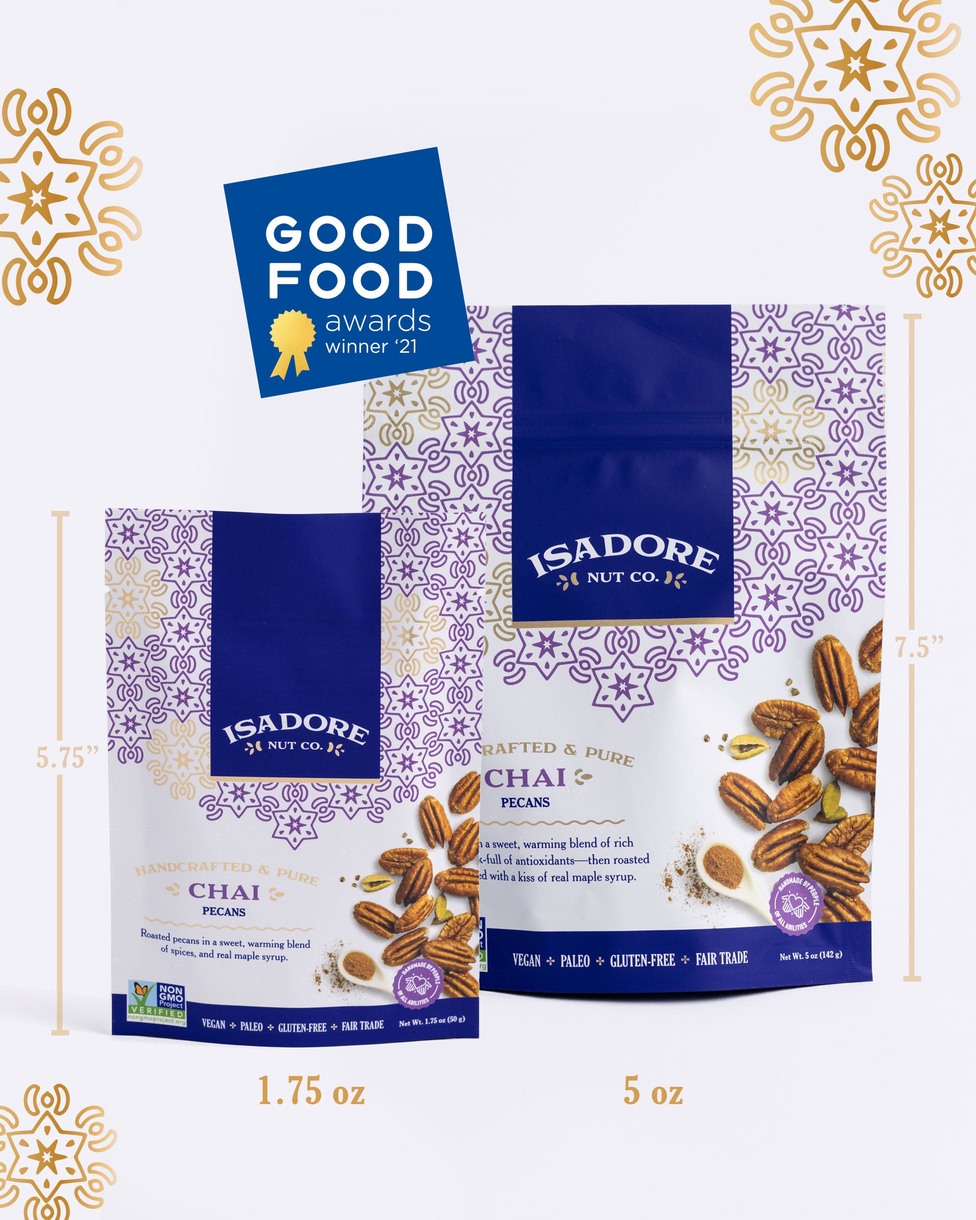 Chai pecans front of 1.75 oz and 5 oz bags.