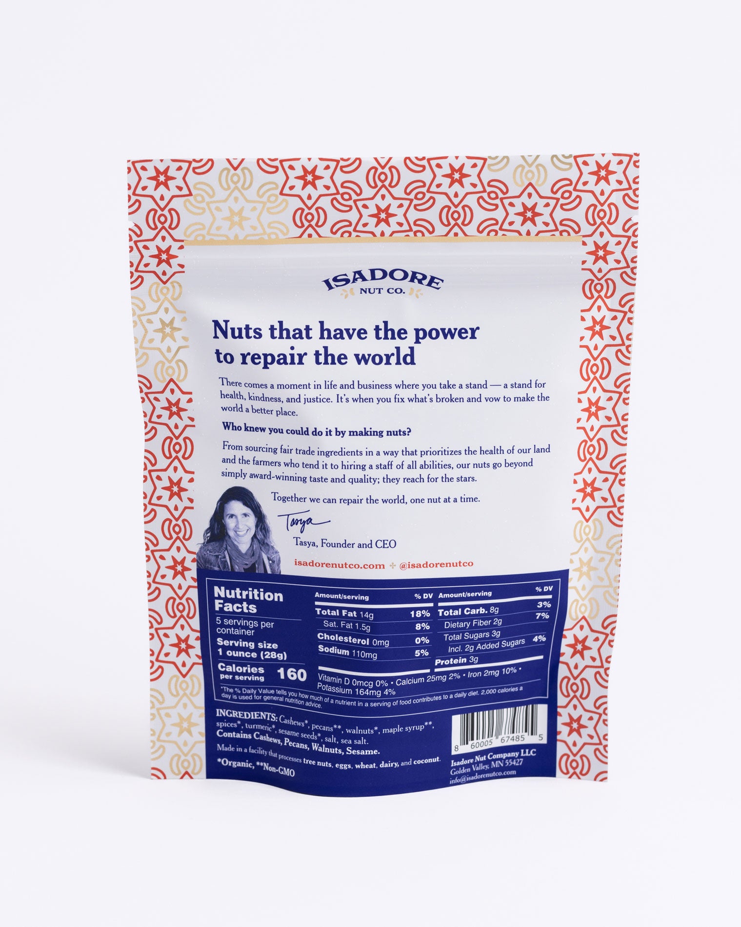 CAYENNE SPICE- Cashews, Pecans, Walnuts Roasted nuts in a fiery blend of spices, and real maple syrup. This spicy trio of seasoned nuts is high in antioxidants thanks to turmeric and black sesame seed. Pair it with a salad or an effervescent to heighten the heat. Back of bag.