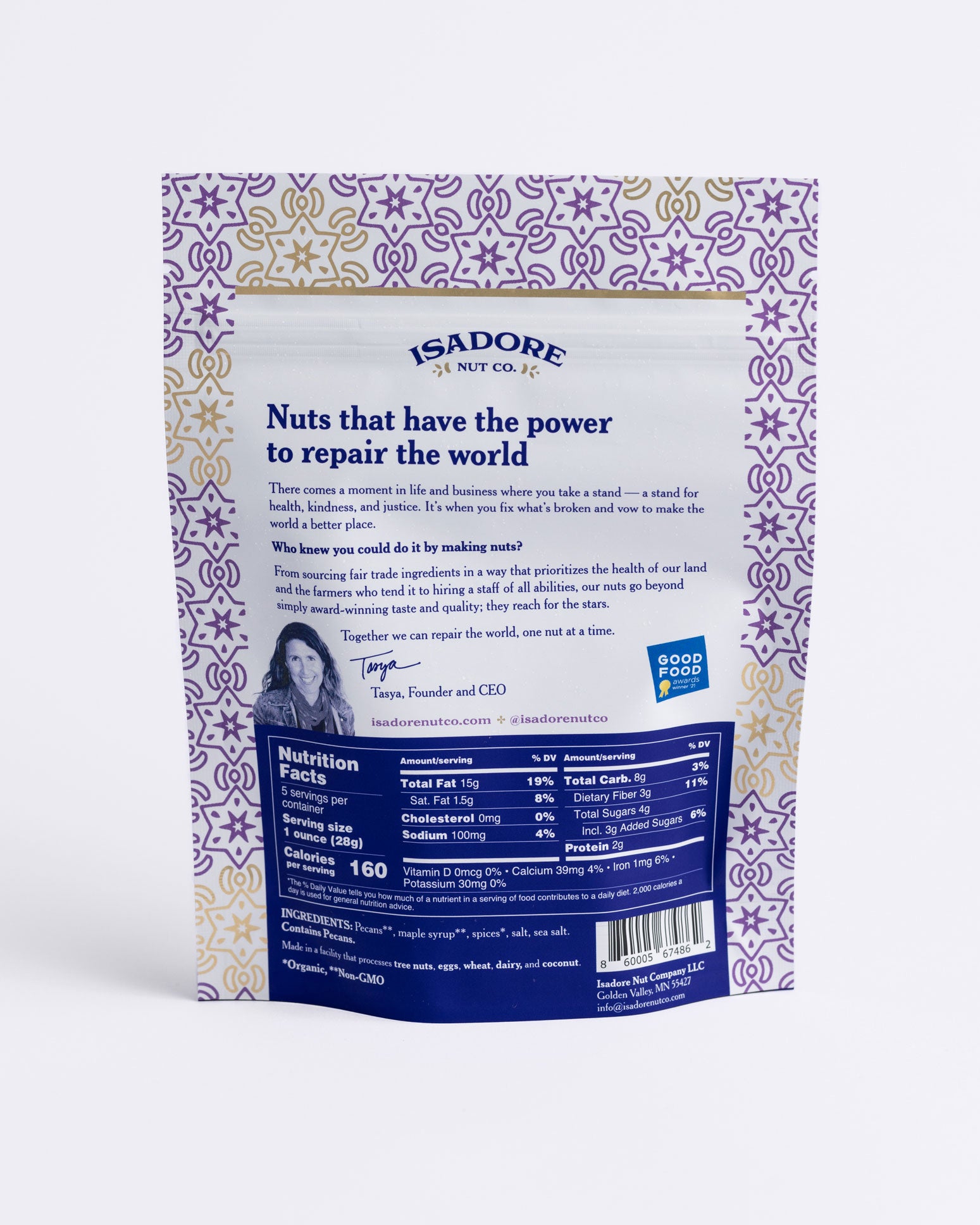 CHAI- Pecans Roasted pecans in a sweet, warming blend of spices, and real maple syrup. An award-winning snack that mimics a warm cup of tea with a unique combination of earthy turmeric, spicy cinnamon and a punch of bright ginger. Back of bag.