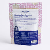 COCOA ORANGE- Cashews, Pecans, Walnuts Roasted nuts in a dark cocoa blend of spices, and real maple syrup. A blend of cocoa, orange and savory-sweet cardamom meld together to create a snack that’s bright, memorable and satisfyingly sweet. Back of bag.