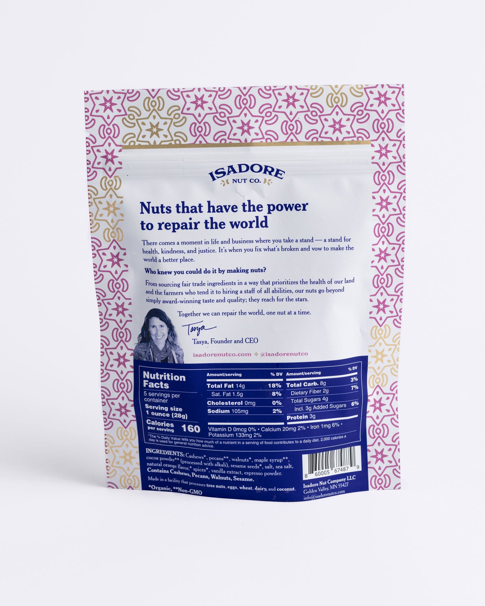 COCOA ORANGE- Cashews, Pecans, Walnuts Roasted nuts in a dark cocoa blend of spices, and real maple syrup. A blend of cocoa, orange and savory-sweet cardamom meld together to create a snack that’s bright, memorable and satisfyingly sweet. Back of bag.