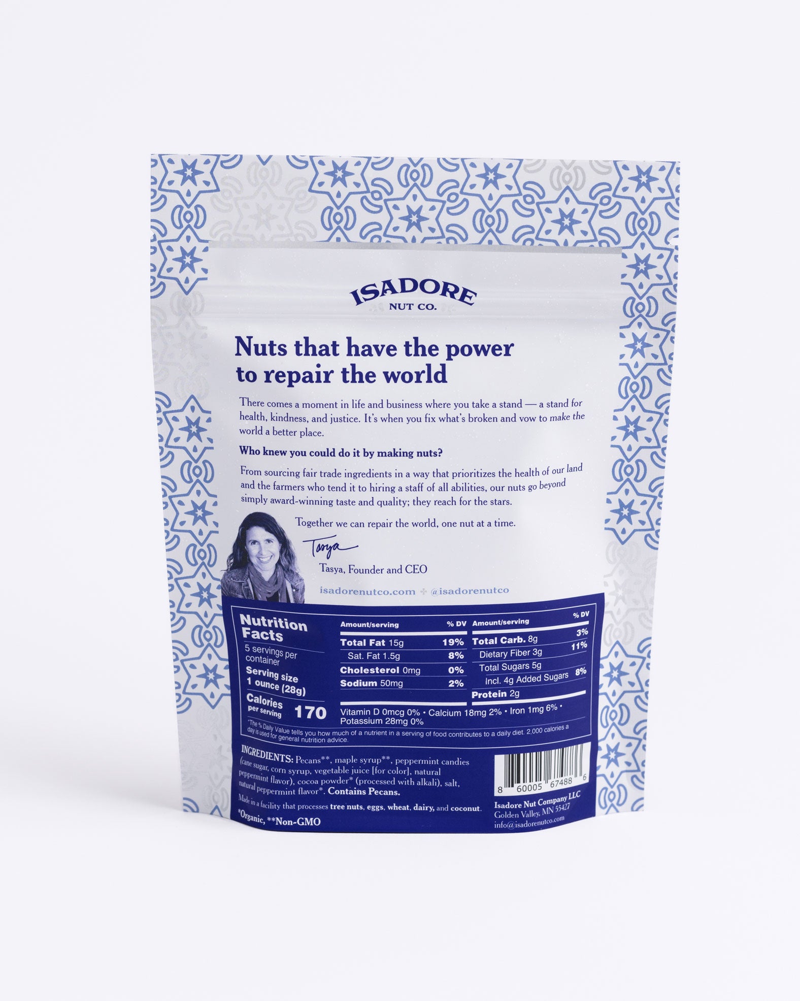 COCOA MINT- Pecans Roasted pecans in a seasonal blend of spices, and real maple syrup. Crushed peppermint and decadent cocoa blend couple together to make a seasoned pecan that is both refreshing and sweet. Back of bag.