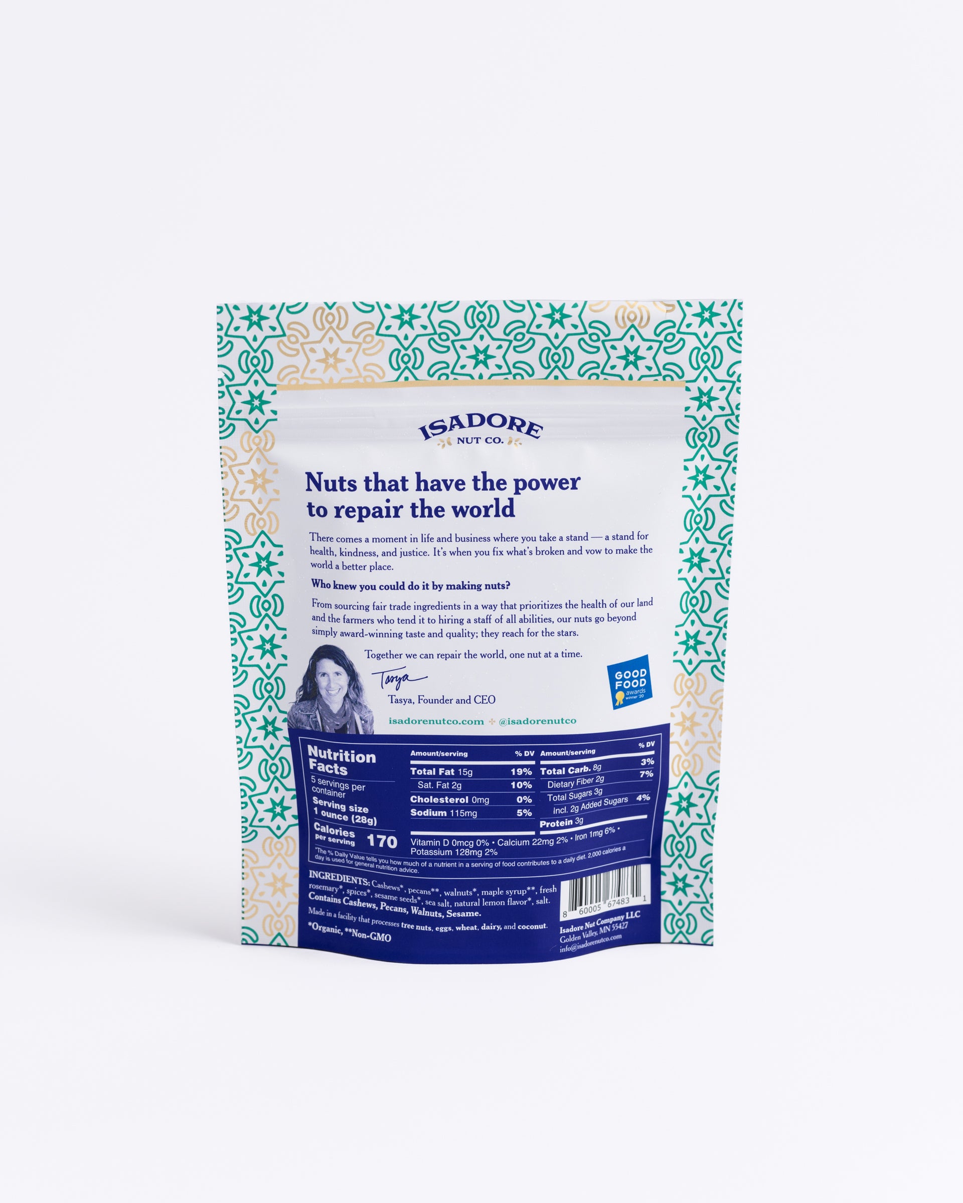 Roasted nuts in a savory-sweet blend of spices, and real maple syrup. One of our most popular flavors. Bright, zesty lemon and fresh chopped rosemary team up to build an award-winning combination of citrus and herbs. Back of packaging.