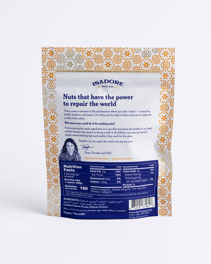 
                  
                    TURMERIC- Cashews, Pecans, Walnuts Roasted nuts in a peppery blend of spices, and real maple syrup. Golden turmeric and black pepper work together to create a savory snack with heat, depth and a whole lot of nutrients in every single bite.
                  
                