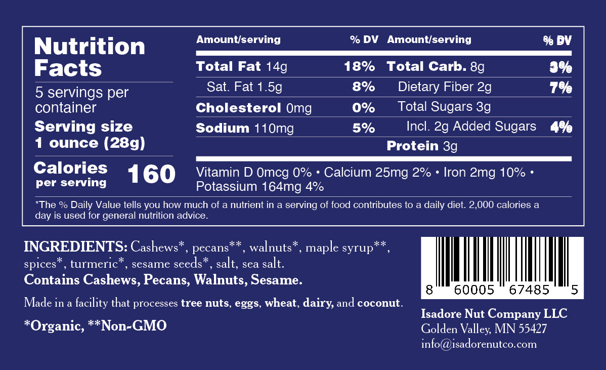 Cayenne spice nuts nutrition label.