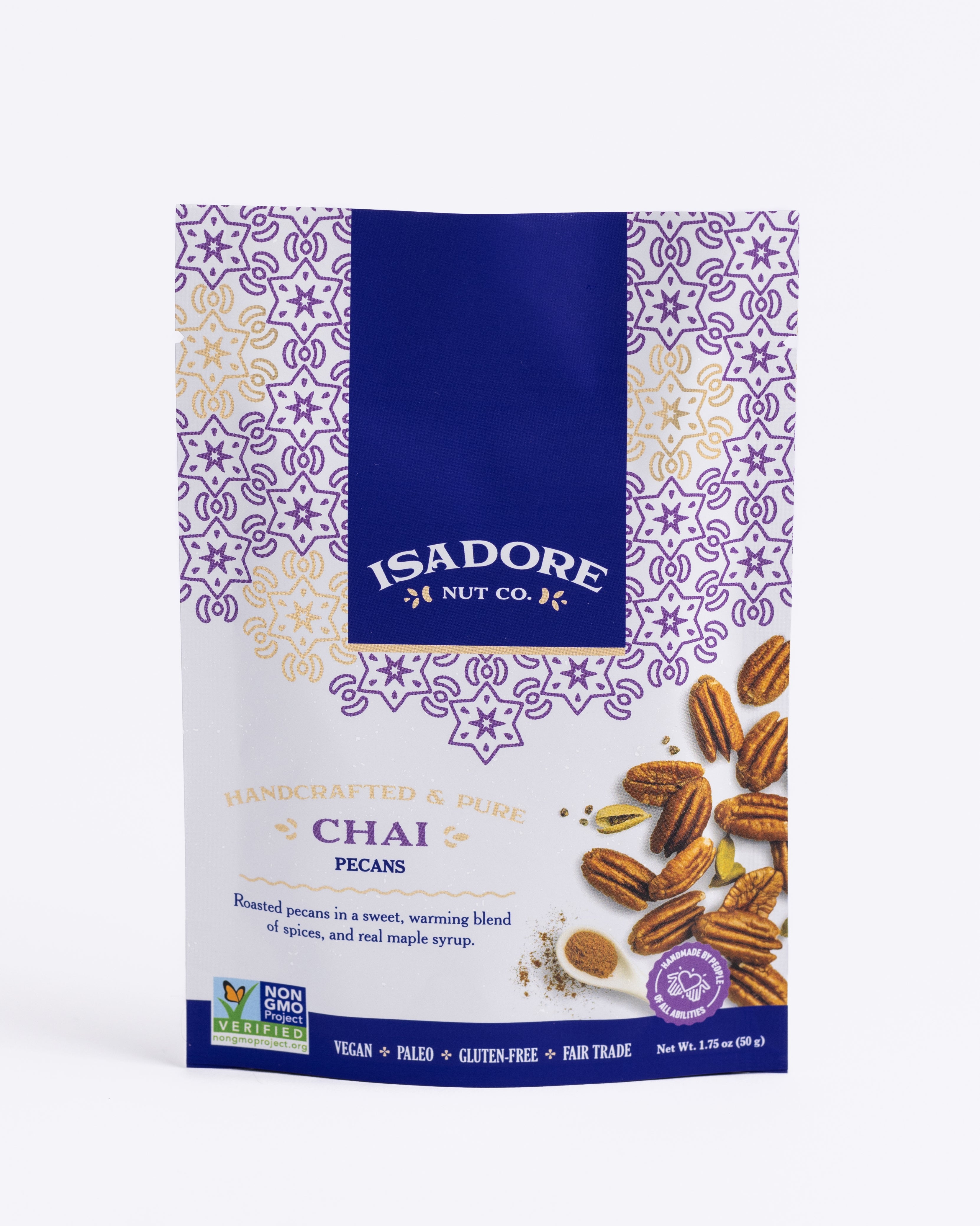 CHAI- Pecans Roasted pecans in a sweet, warming blend of spices, and real maple syrup. An award-winning snack that mimics a warm cup of tea with a unique combination of earthy turmeric, spicy cinnamon and a punch of bright ginger.