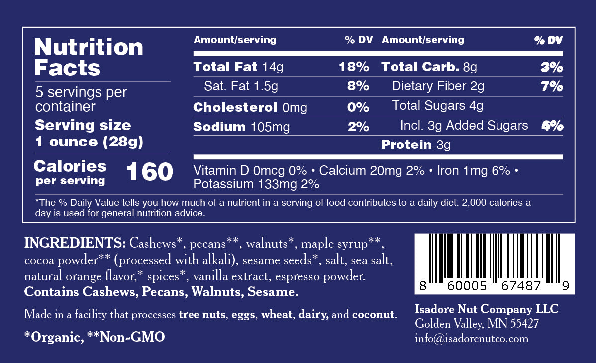 Cocoa orange nutrition label.