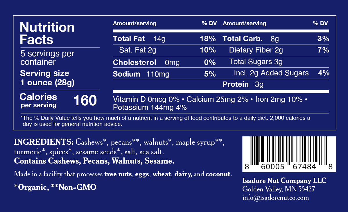 Turmeric nutritional label.