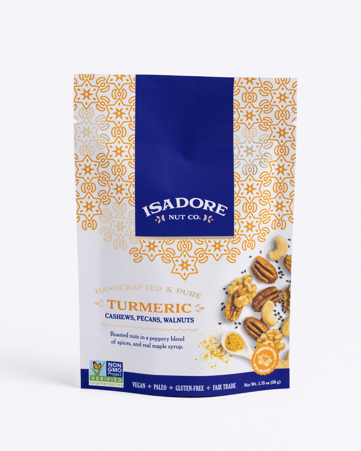 TURMERIC- Cashews, Pecans, Walnuts Roasted nuts in a peppery blend of spices, and real maple syrup. Golden turmeric and black pepper work together to create a savory snack with heat, depth and a whole lot of nutrients in every single bite.