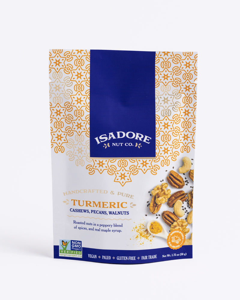 
                  
                    TURMERIC- Cashews, Pecans, Walnuts Roasted nuts in a peppery blend of spices, and real maple syrup. Golden turmeric and black pepper work together to create a savory snack with heat, depth and a whole lot of nutrients in every single bite.
                  
                