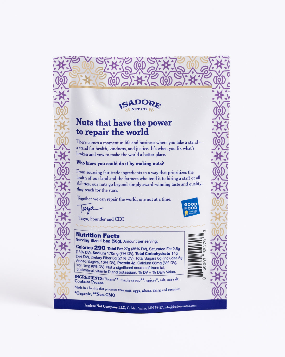 CHAI- Pecans Roasted pecans in a sweet, warming blend of spices, and real maple syrup. An award-winning snack that mimics a warm cup of tea with a unique combination of earthy turmeric, spicy cinnamon and a punch of bright ginger.