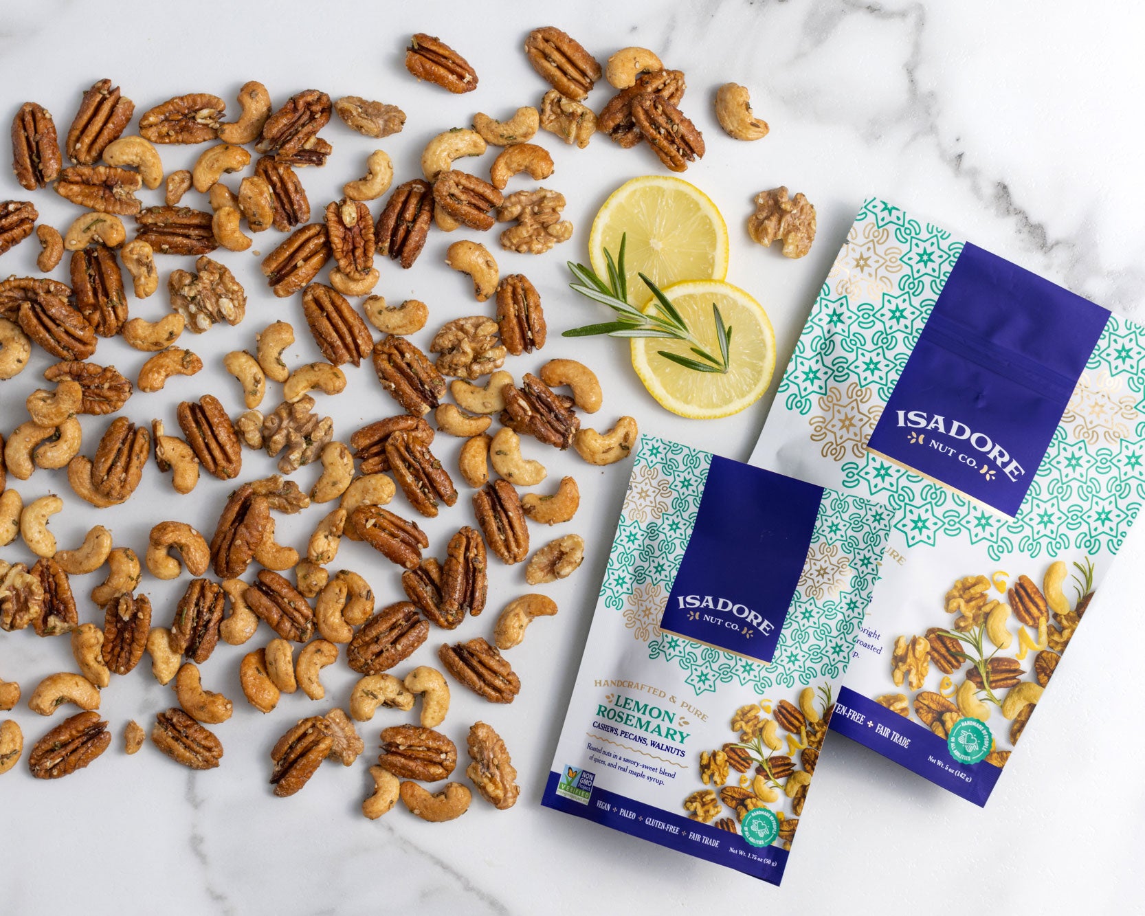 LEMON ROSEMARY- Cashews, Pecans, Walnuts in 5oz and 1.75oz.