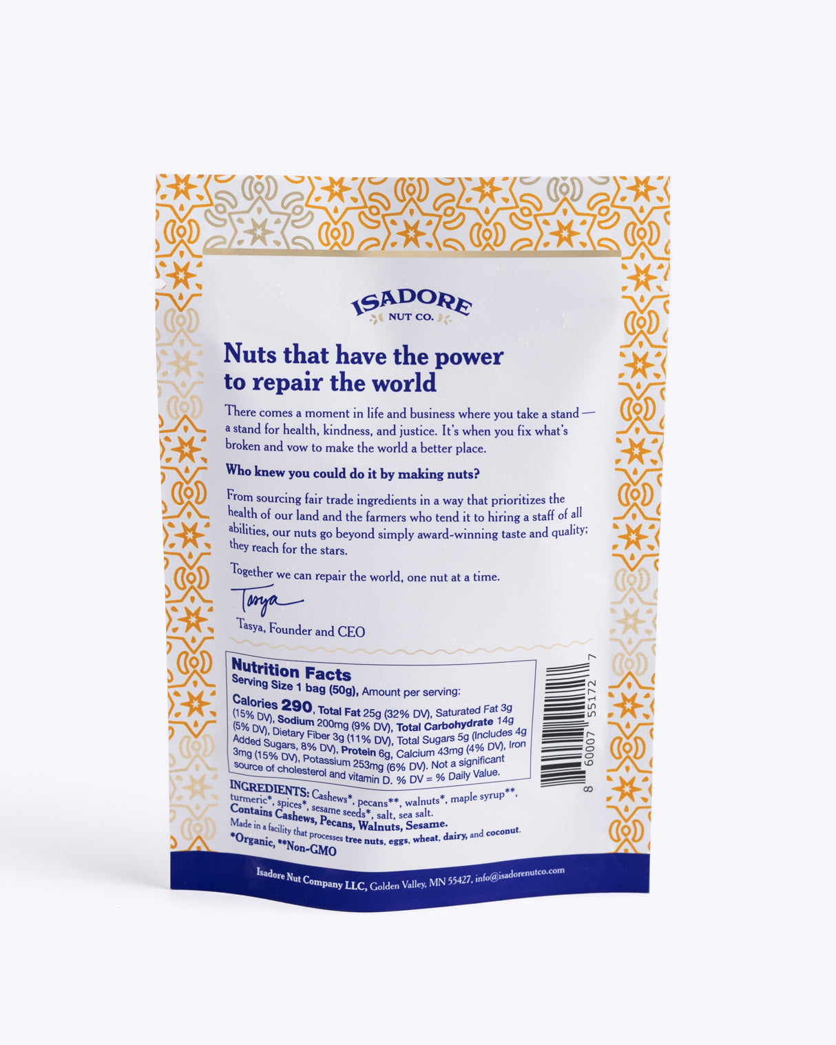 
                  
                    TURMERIC- Cashews, Pecans, Walnuts Roasted nuts in a peppery blend of spices, and real maple syrup. Golden turmeric and black pepper work together to create a savory snack with heat, depth and a whole lot of nutrients in every single bite.
                  
                