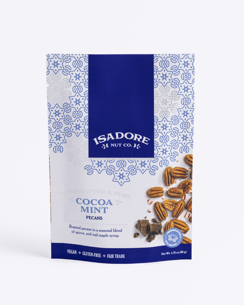
                  
                    COCOA MINT- Pecans Roasted pecans in a seasonal blend of spices, and real maple syrup. Crushed peppermint and decadent cocoa blend couple together to make a seasoned pecan that is both refreshing and sweet.
                  
                